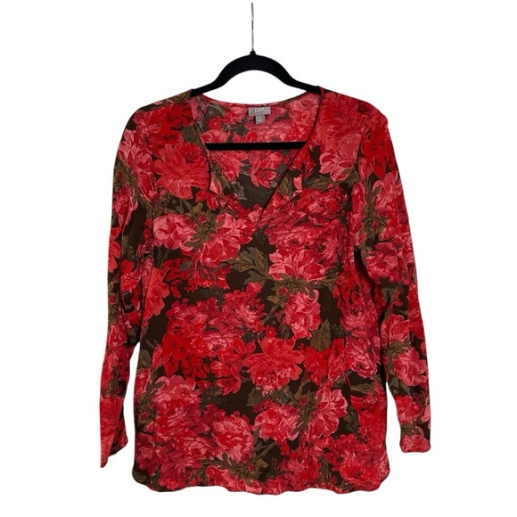 J. Jill Women’s Medium Brown Pink & Red Floral Popover Blouse - Picture 1 of 6